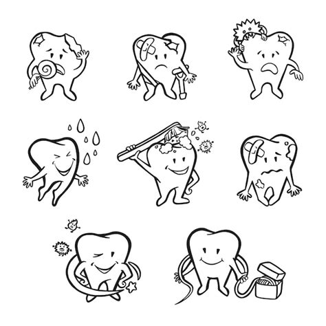 Premium Vector Set Of Dental Hygiene Characters Teeth Outline Vector