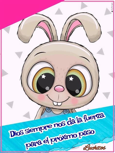 A Cartoon Bunny With Big Eyes On A Pink And Blue Background That Says