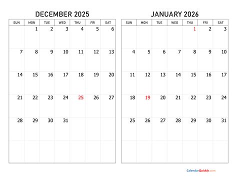 Printable December 2025 and January 2026 Calendar