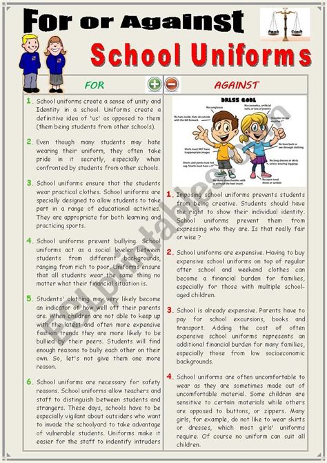 For or Against SCHOOL UNIFORMS. (Debating) - ESL worksheet by ...