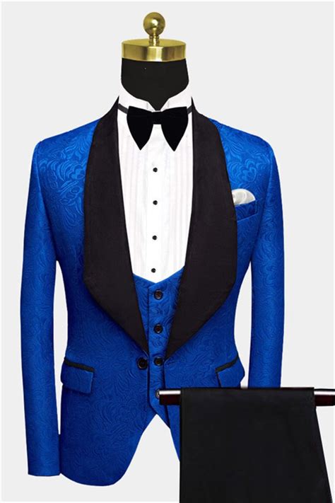 Luluslly Royal Blue Floral Jacquard Wedding Suits Slim Fit Tuxedo