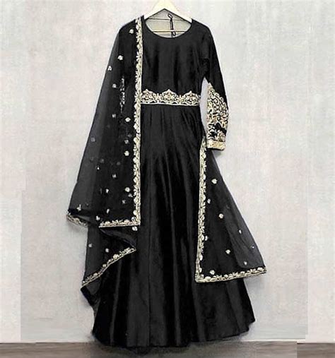 Readymade Piece Embroidered Silk Black Maxi Dress For Girls With