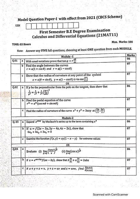 Mat Vtu Model Question Paper Solutio Calculas And