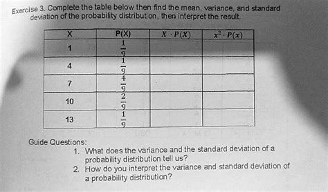 Solved Exercise Complete The Table Below Then Find The Mean Variance