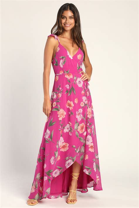 Lovely Magenta Floral Print Dress Wrap Dress High Low Dress Lulus