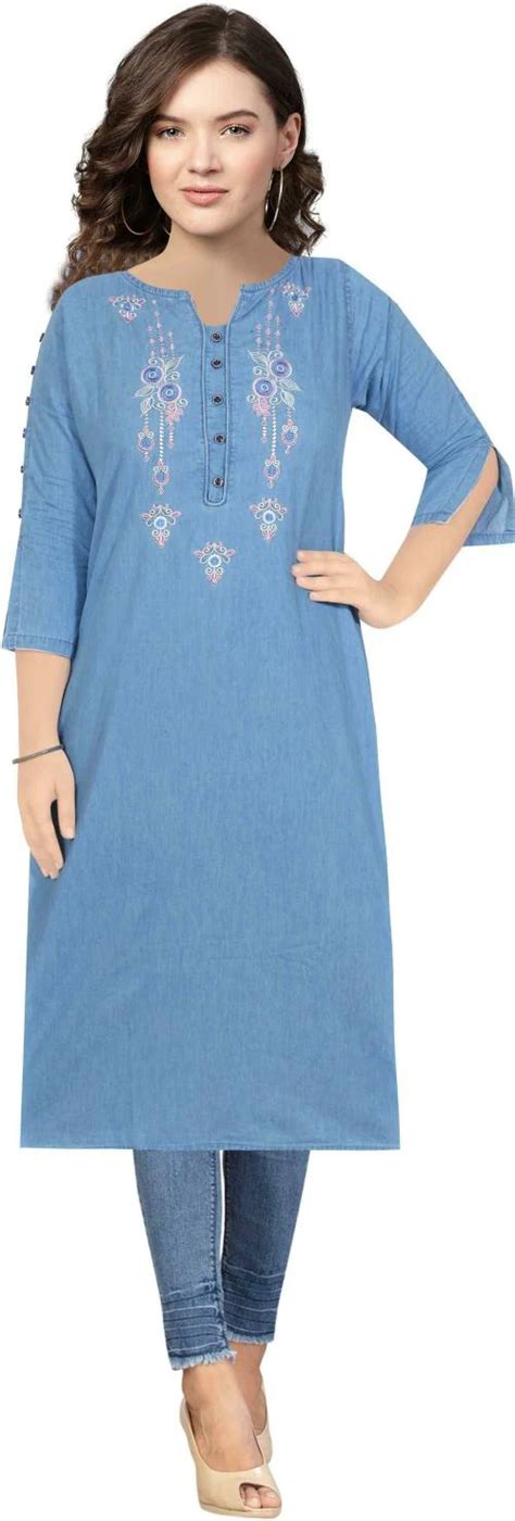 Buy Cefalu Women Light Blue Embroidered Cotton Blend Womens Kurtas