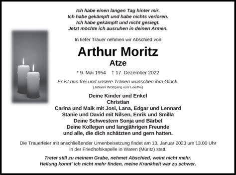 Traueranzeigen Von Arthur Moritz Trauer Nordkurier