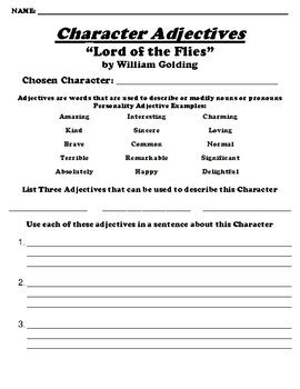 Lord Of The Flies By William Golding Character Adjective Worksheet