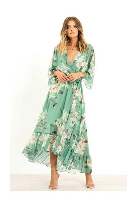 Yumi Floral Print Kimono Mint Midi Wrap Dress