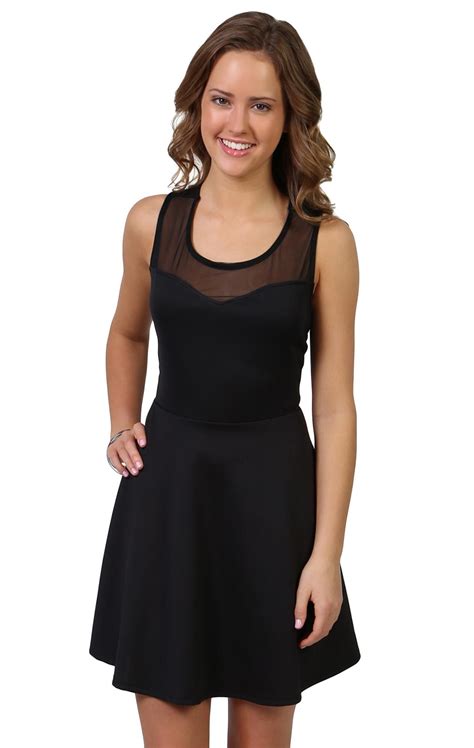 Solid Skater Dress With Mesh Illusion And Bow Back Solid Skater Dress