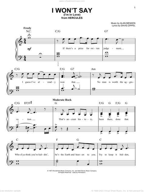 I Won T Say I M In Love From Hercules Sheet Music Easy For Piano Solo