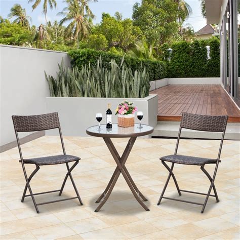 Outsunny 3pc Rattan Bistro Set 2 Folding Rattan Chair Glass Topped