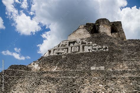 Carvings of the Maya pyramid 'El Castillo' at the archeological site Xunantunich near San ...