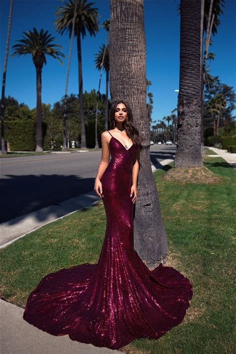 Sodigne Sexy Burgundy Mermaid Prom Dresses High Side Split Shiny Sequin