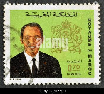 Cancelled Postage Stamp Printed By Morocco That Shows Portrait Of King