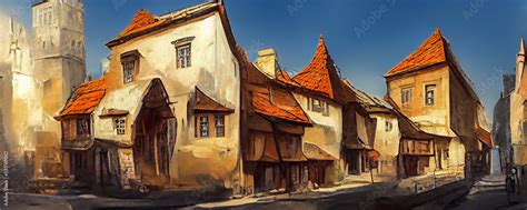 Digital painting of a medieval town. Gouache art of a historic town ...