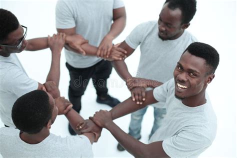 Group Of Diverse Guys Standing In A Circle Isolated On White Stock