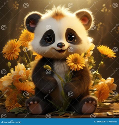 Cute Fluffy Baby Panda Holding A Sunflower Disney Style Clipart On