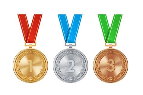 Realistic set of golden, silver, and bronze medals on colorful ribbons ...