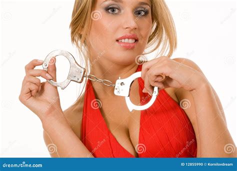 Hot Natural Blonde With Handcuffs Over White Stock Photo Image Of