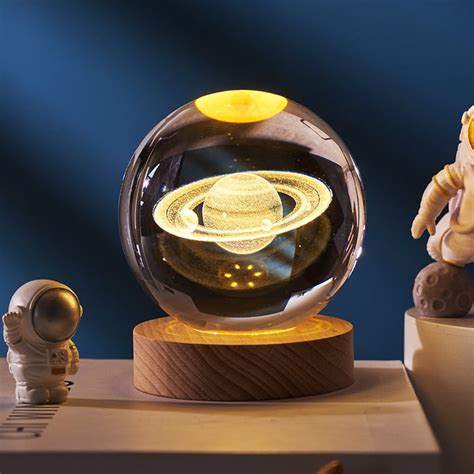 3d Planet Crystal Ballwith Wooden Base3d Crystal Led Night Light