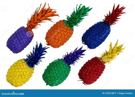 Six Pineapples Painted In Various Colors On White Stock Image Image