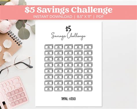 5 Dollar Savings Challenge Printable Letter Size Savings Etsy