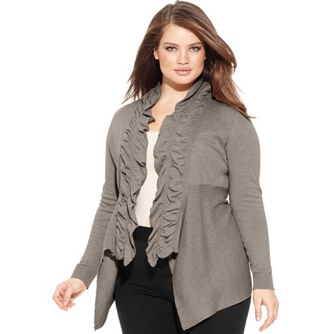 Inc International Concepts Plus Size Ruffled Cardigan In Taupe Gray Lyst