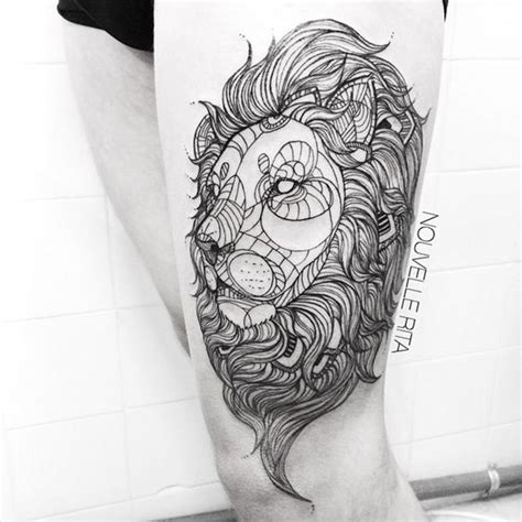 Tribal style black and white uncolored tiger tattoo on thigh ...