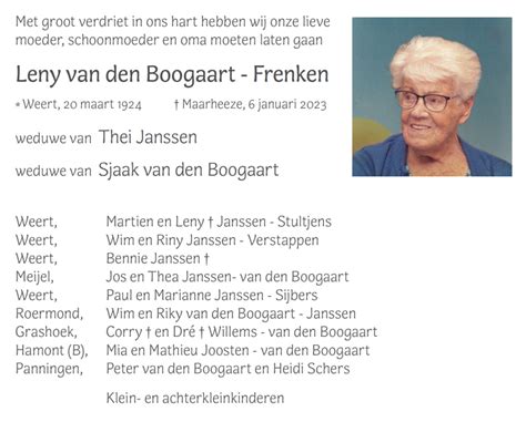 Overlijdensbericht Leny Van Den Boogaart Frenken Nederweert