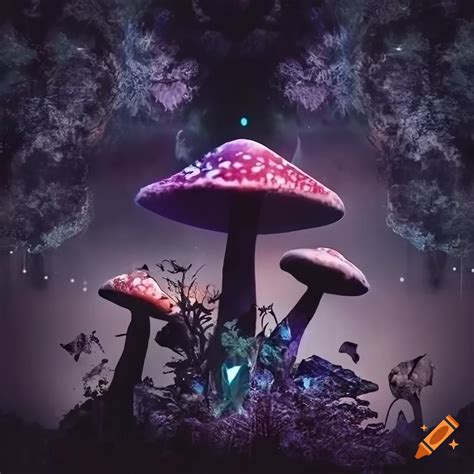 Collage Of Mystical Mushrooms And Glowing Crystals