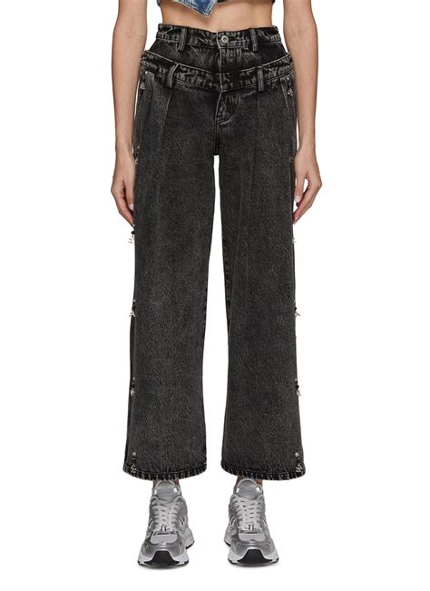 Feng Chen Wang Jade Stone Embellishment Wide Leg Jeans In Black Modesens