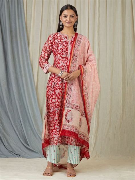 Buy Red Hand Block Printed Chanderi Kurta With White Cotton Salwar And