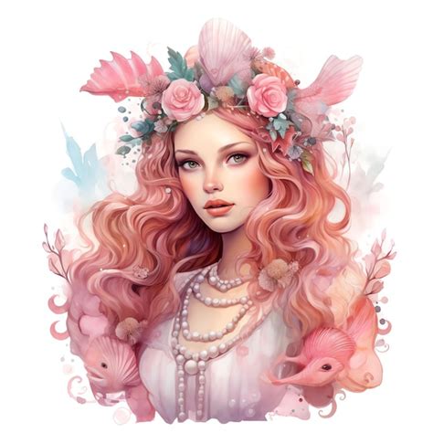 Premium Photo Beautiful Pink Mermaid With A Seashell Crown And Cape