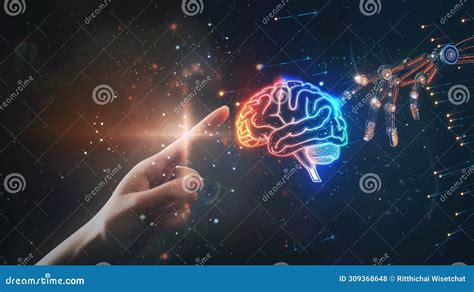 Human Hand Touching A Holographic Brain Interfacing With A Robotic Arm