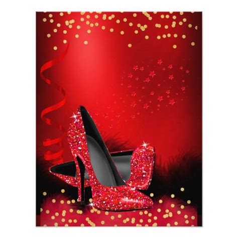 Glitter Red High Heels Birthday Party Gold Black Invitation Zazzle