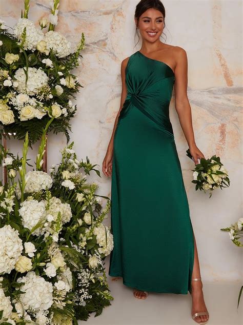 One Shoulder Satin Finish Maxi Bridesmaids Dress In Green In