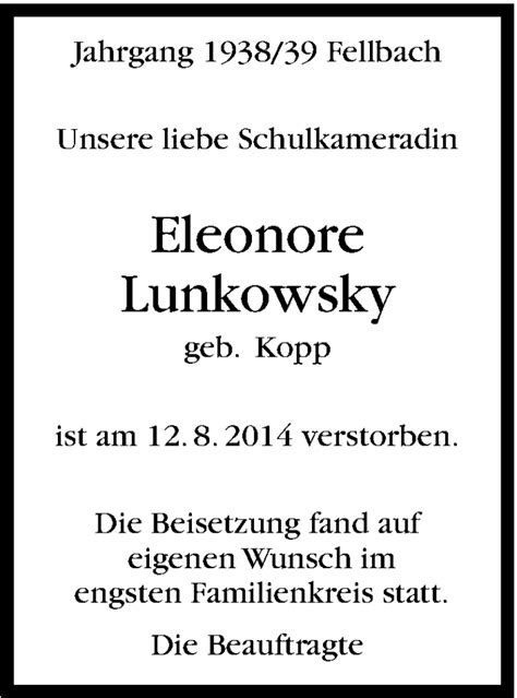 Traueranzeigen Von Eleonore Lunkowsky Stuttgart Gedenkt De