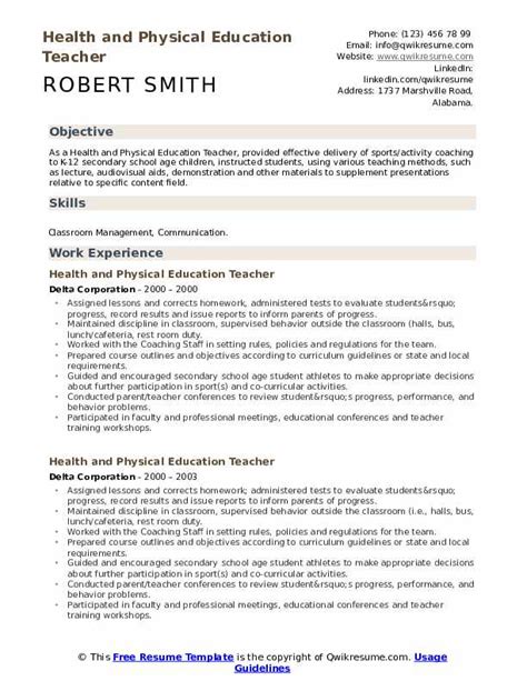 Health And Physical Education Teacher Resume Samples Qwikresume