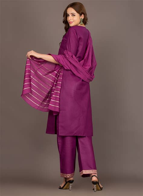 Buy Purple Muslin Embroidered Straight Pant Suit After Six Wear Online