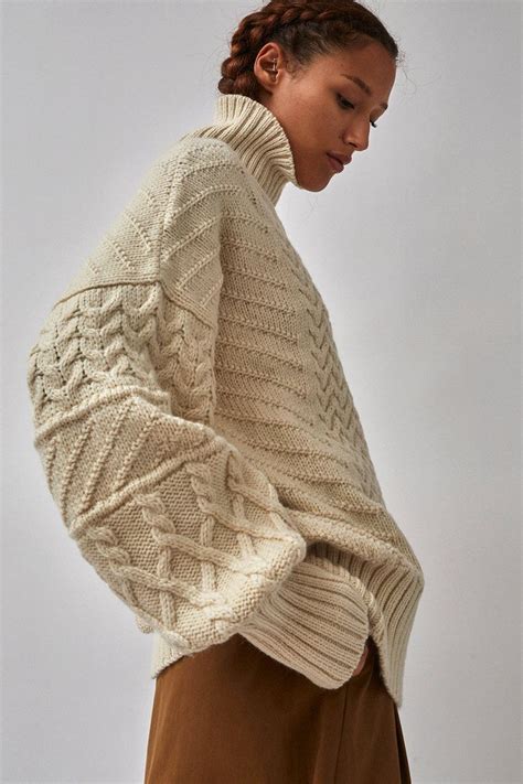 Sayaka Davis Cable Highneck Sweater In Ivory Ivory Xs Sweaters