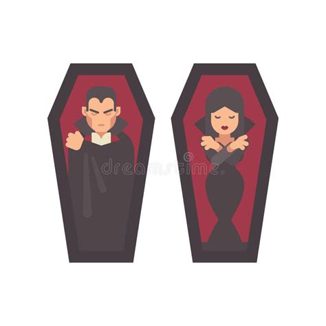 Two Vampires Sleeping In Coffins Flat Illustration Stock Vector