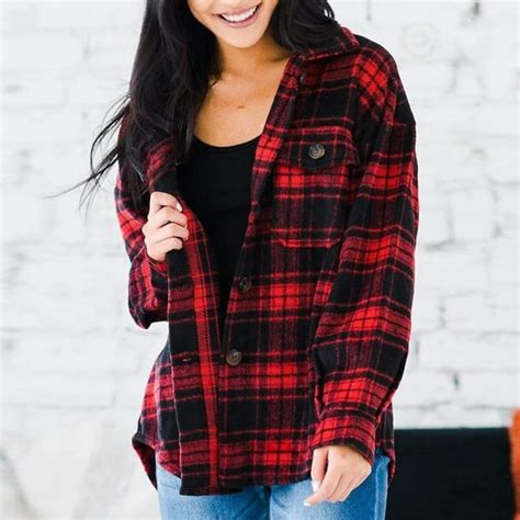 Haotags Womens Long Sleeve Plaid Shirts Flannel Lapel Button Down Shacket Jacket Coats Red Size