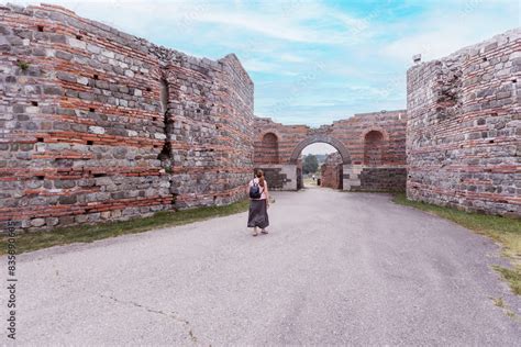 Woman Tourist Visit Archaeological Site Remains Of Palace Felix