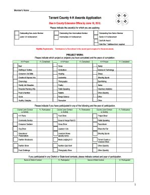 Fillable Online Agrilife Tarrant County 4 H Awards Application