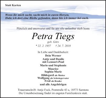 Traueranzeigen Von Petra Tiegs Noz Trauerportal