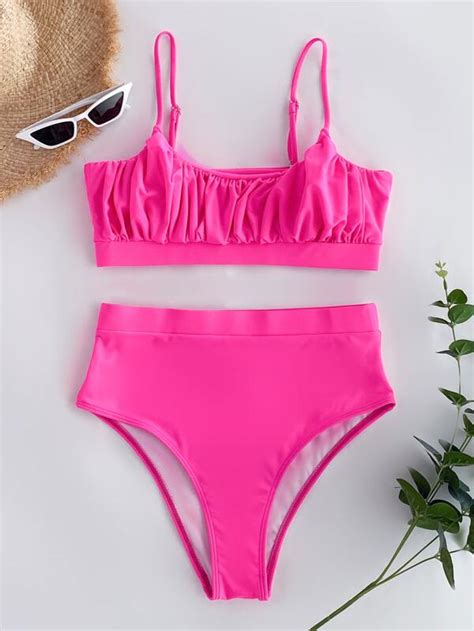 Shein Swim Vcay Mono Bikini Set Ruched Bust Cami Top High Waisted