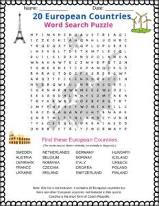 20 Countries Of Europe Word Search Free Printable PDF