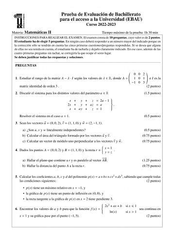 Exámenes de EBAU de Matemáticas II Descargar exámenes resueltos de