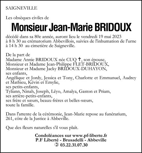 Avis De Décès De Jean Marie Bridoux Pompes Funèbres Liberté Brusadelli